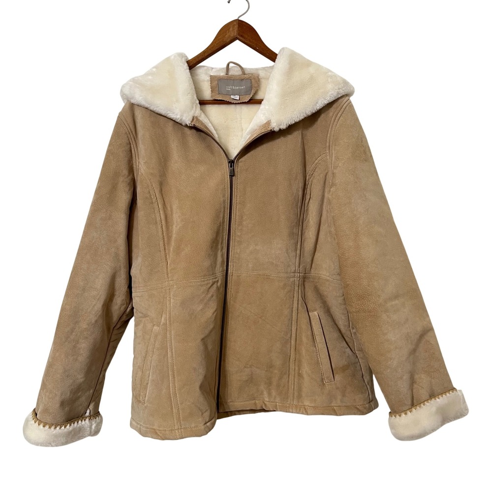 Croft & Barrow Suede Leather Faux Fur Lined Hooded Coat Tan XL Shearling Outdoor